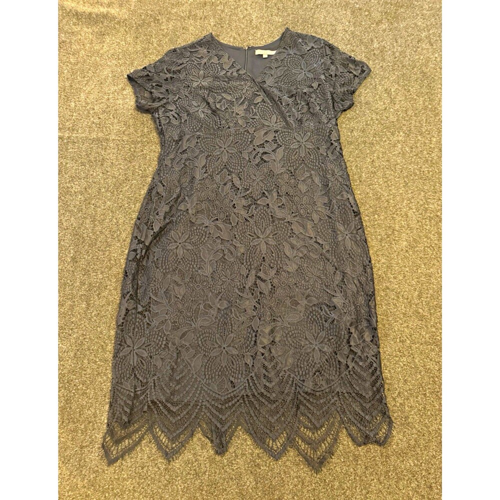 Sharagano Navy Floral Lace Shift Dress V-Neck Short Sleeve Knee Length 16 Zip